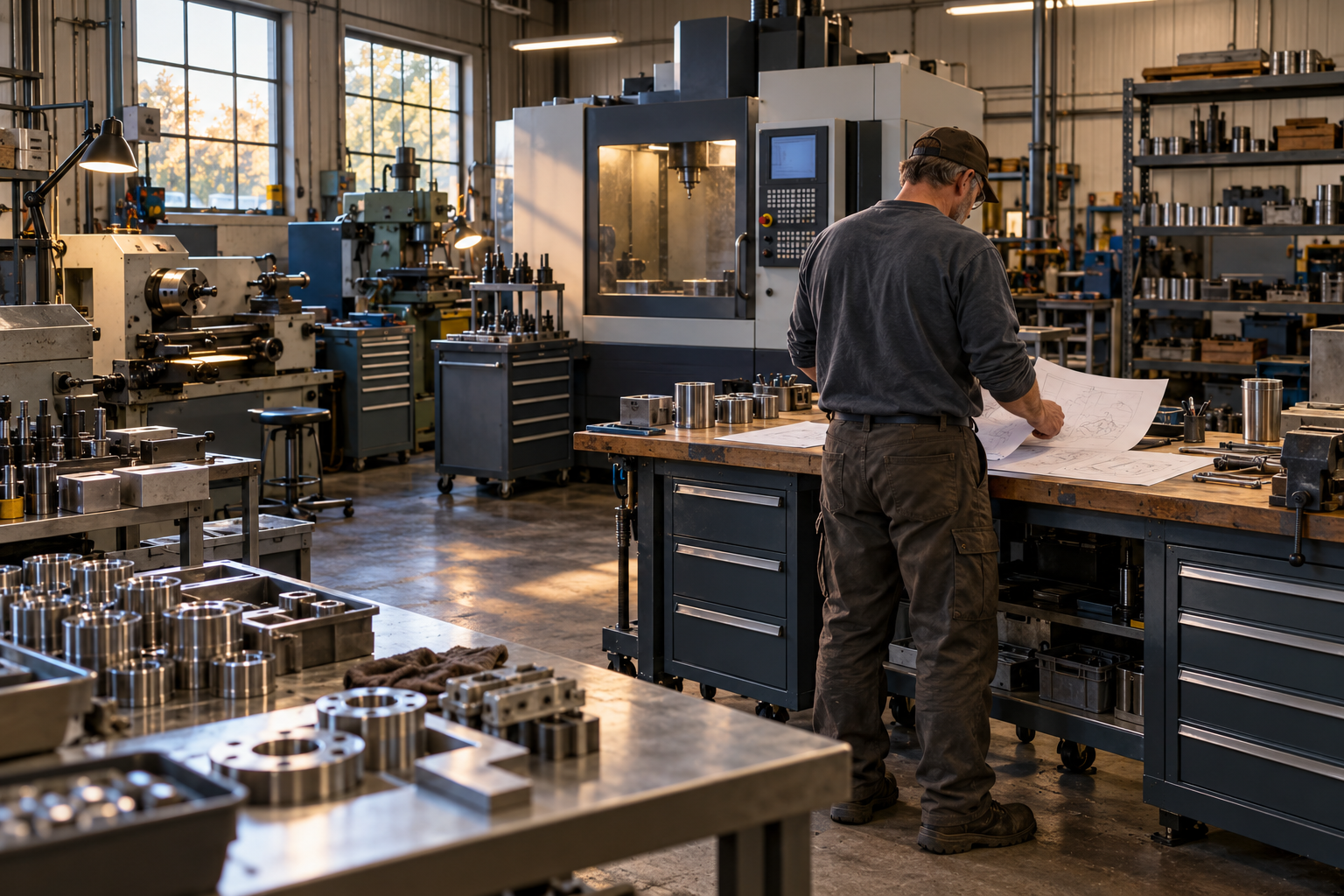 Machine-shop floor with machining equipment, organized parts, and an owner reviewing paperwork at a workbench.